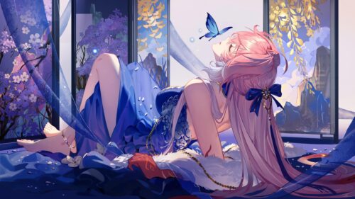 Yae Miko Anime Girl in Blue Dress with Butterfly 4K Desktop Wallpaper