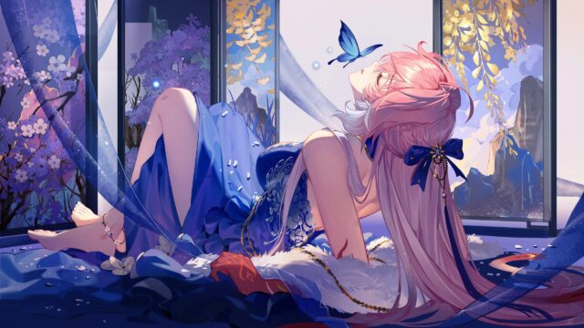 Yae Miko Anime Girl in Blue Dress with Butterfly 4K Desktop Wallpaper