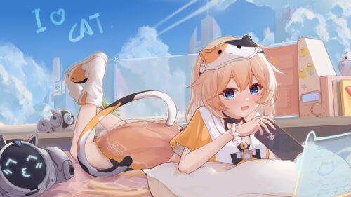 Cute Anime Girl with Cat Ears and Futuristic Gadgets Desktop Wallpaper