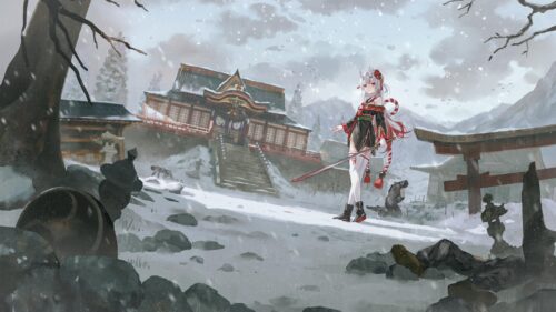 Anime Girl Samurai Standing in Snowy Shrine Courtyard 4K Desktop Wallpaper