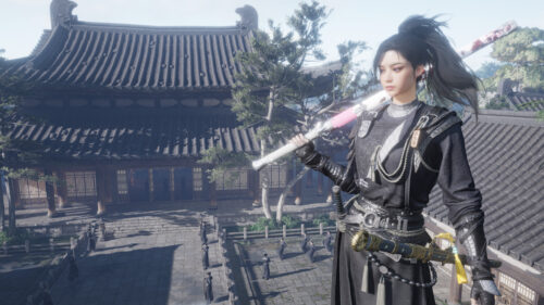 Stunning Wuxia Fantasy Warrior Woman Standing Above Ancient Temple 4K Desktop Wallpaper