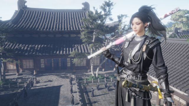 Stunning Wuxia Fantasy Warrior Woman Standing Above Ancient Temple 4K Desktop Wallpaper