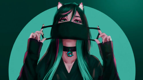Anime Girl with Teal Hair and Cat Ears Aesthetic Cyberpunk 4K Wallpaper