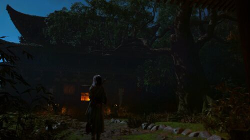 Ronin Samurai Standing Before an Ancient Temple at Night 4K Desktop Wallpaper