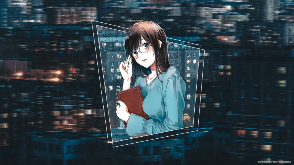 Anime Girl with Glasses Holding a Book in City Night Background PC Wallpaper