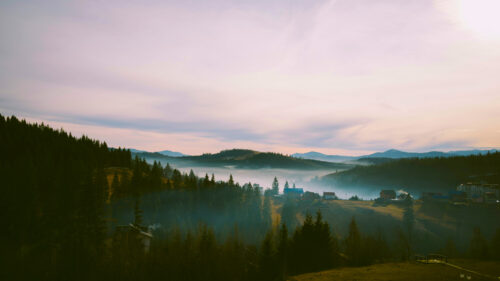 Breathtaking Misty Mountain Village Sunrise Desktop Wallpaper