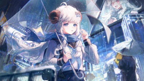 Anime Girl with Ram Horns Standing in the Rain Desktop Wallpaper