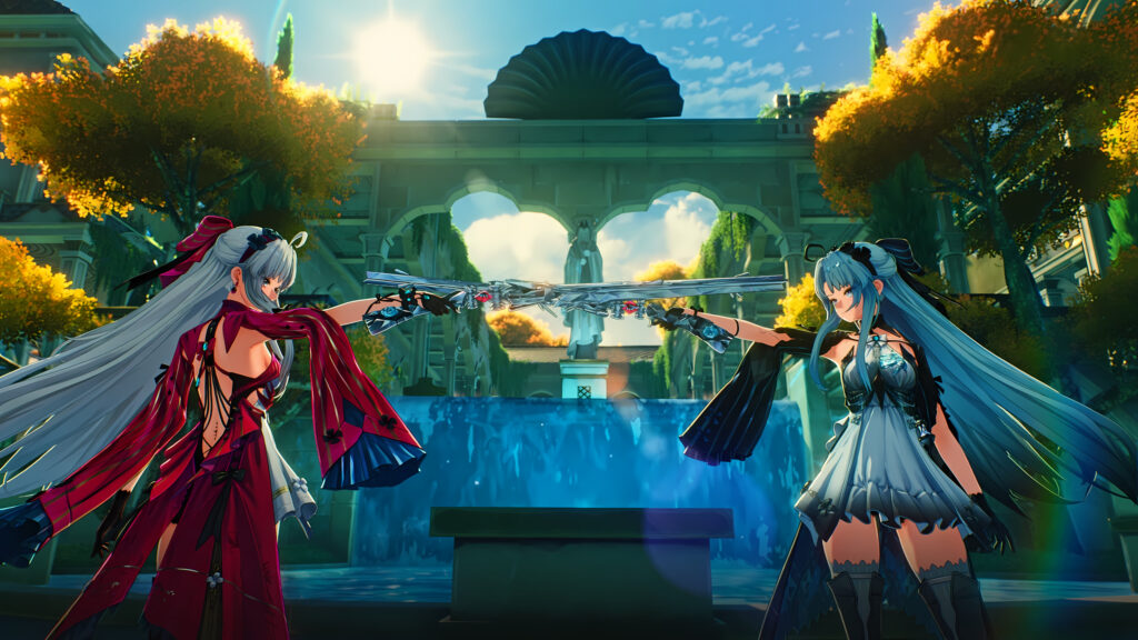 Anime Girls Duel with Guns in Enchanted Garden 4K Desktop Wallpaper
