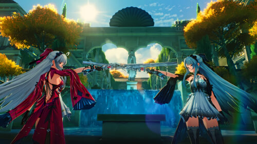 Anime Girls Duel with Guns in Enchanted Garden 4K Desktop Wallpaper