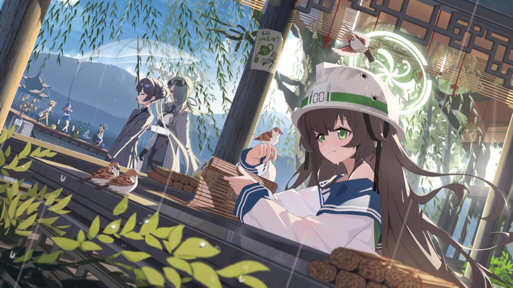 Anime Girl Wearing Helmet by the Lake Scenic 4K Desktop Wallpaper