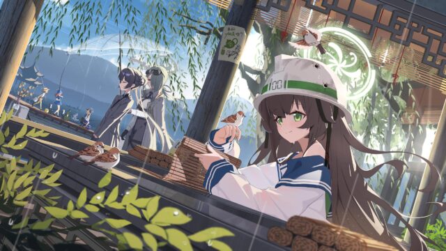 Anime Girl Wearing Helmet by the Lake Scenic 4K Desktop Wallpaper