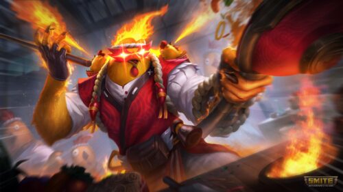 Fiery Chef Chicken Warrior Smite Character 4K Desktop Wallpaper