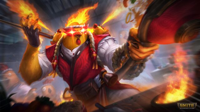 Fiery Chef Chicken Warrior Smite Character 4K Desktop Wallpaper