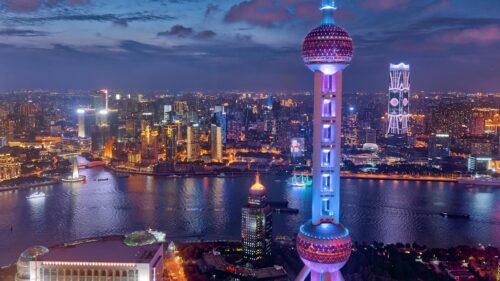 Stunning Nighttime Shanghai Skyline with Oriental Pearl Tower 4K Wallpaper