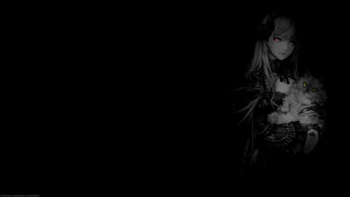 Gothic Anime Girl with Fluffy Cat Dark Aesthetic 4K Wallpaper