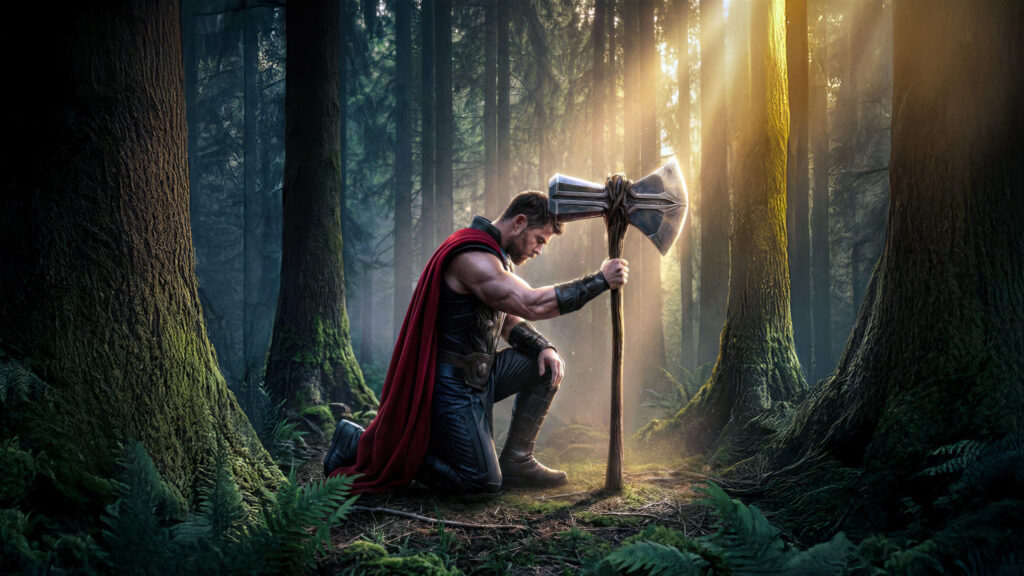 Thor Kneeling in Forest 4K Desktop Wallpaper