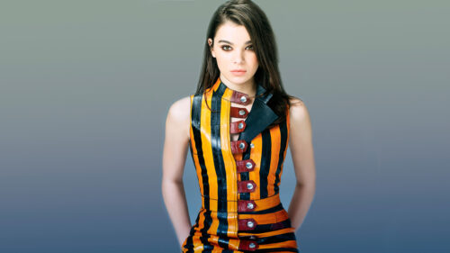 Hailee Steinfeld Portrait in Striped Leather Dress Desktop Wallpaper