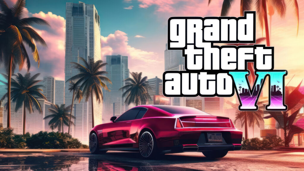 Magenta Sports Car in Futuristic Tropical Cityscape Desktop Wallpaper