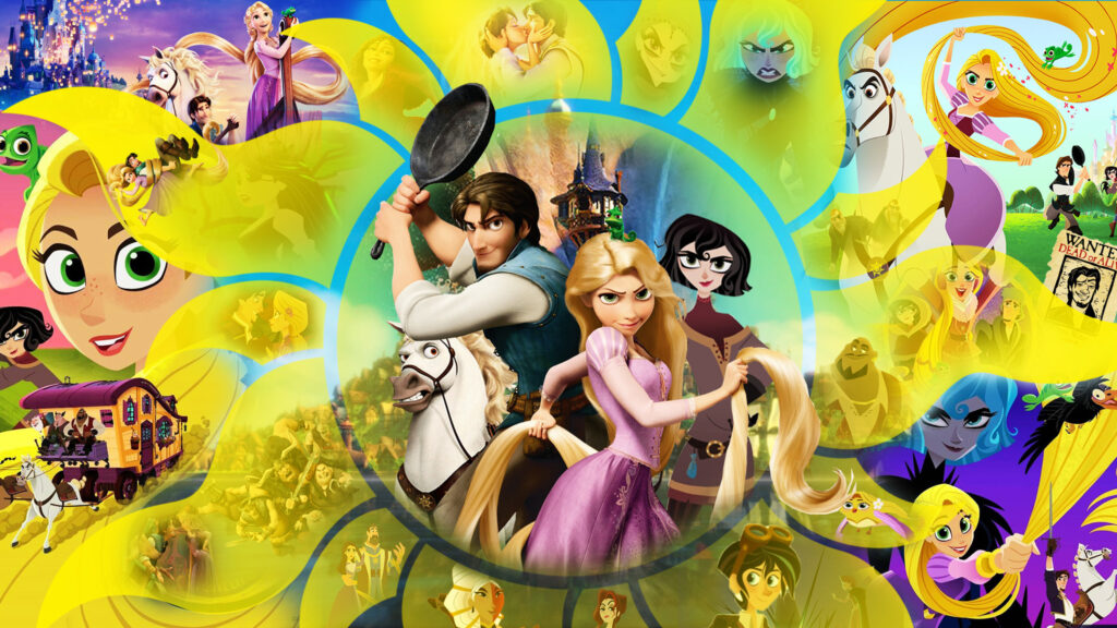 Tangled Movie Cast and Scenes Collage 4K Desktop Wallpaper