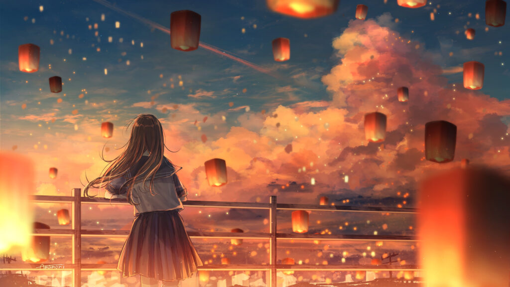 Anime Girl Watching Floating Lanterns 4K Wallpaper