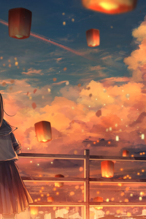 Anime Girl Watching Floating Lanterns 4K Wallpaper