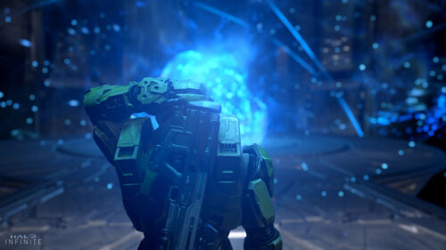 Master Chief Halo Infinite Blue Energy Effect Desktop Wallpaper