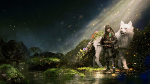 Fantasy Warrior and Giant Wolf in Mystical Forest Desktop Wallpaper