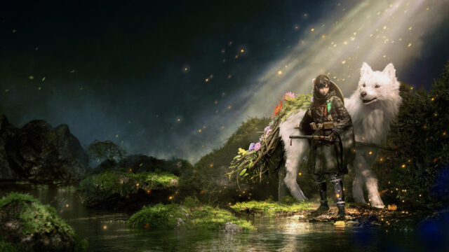 Fantasy Warrior and Giant Wolf in Mystical Forest Desktop Wallpaper