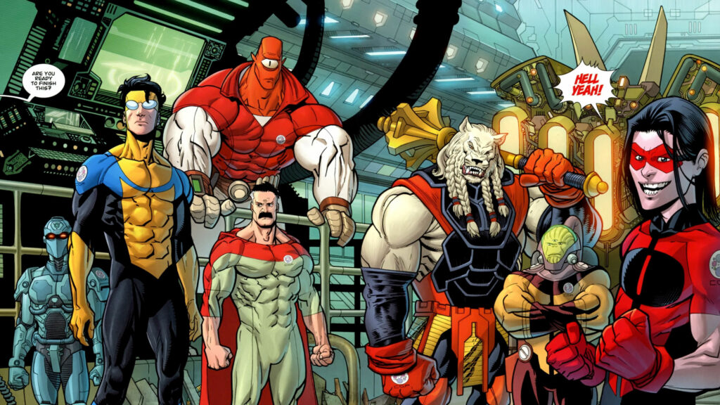 Invincible Comic Book Team Standing in Space Station Desktop Wallpaper