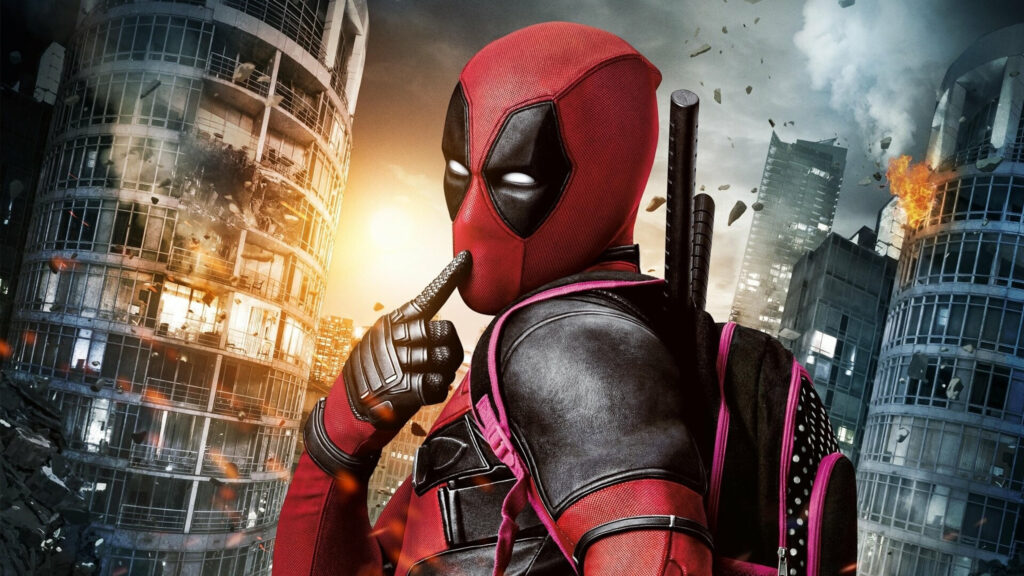 Deadpool Shushing Against Destroyed Cityscape PC Wallpaper