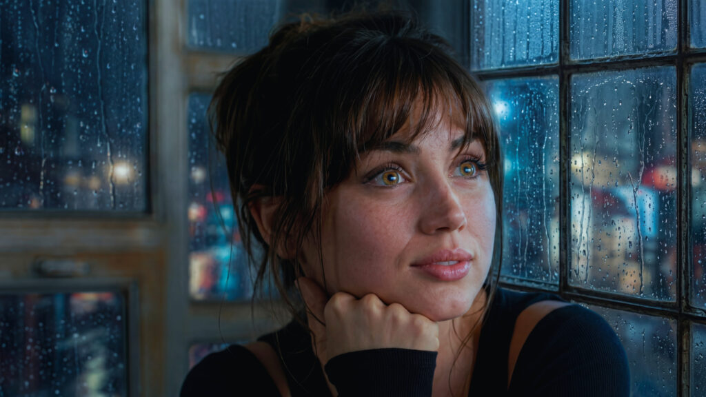 Ana de Armas Looking Through Rain-Streaked Window 4K Wallpaper