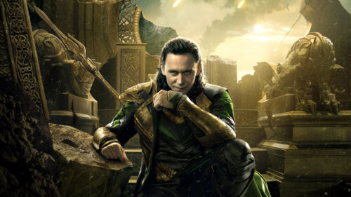 Loki Sitting Amidst the Ruins of Asgard Desktop Wallpaper