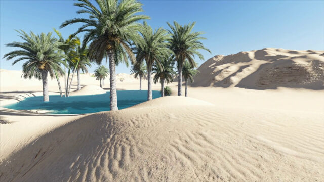 Stunning Oasis in the Middle of a Sandy Desert Desktop Wallpaper