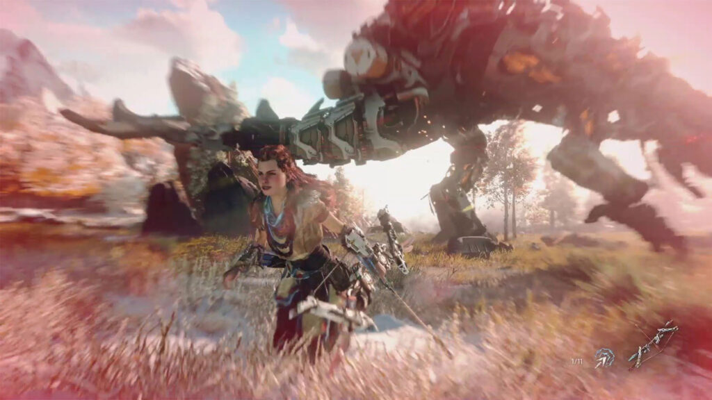 Aloy Fleeing a Mechanical Beast 4K Desktop Wallpaper