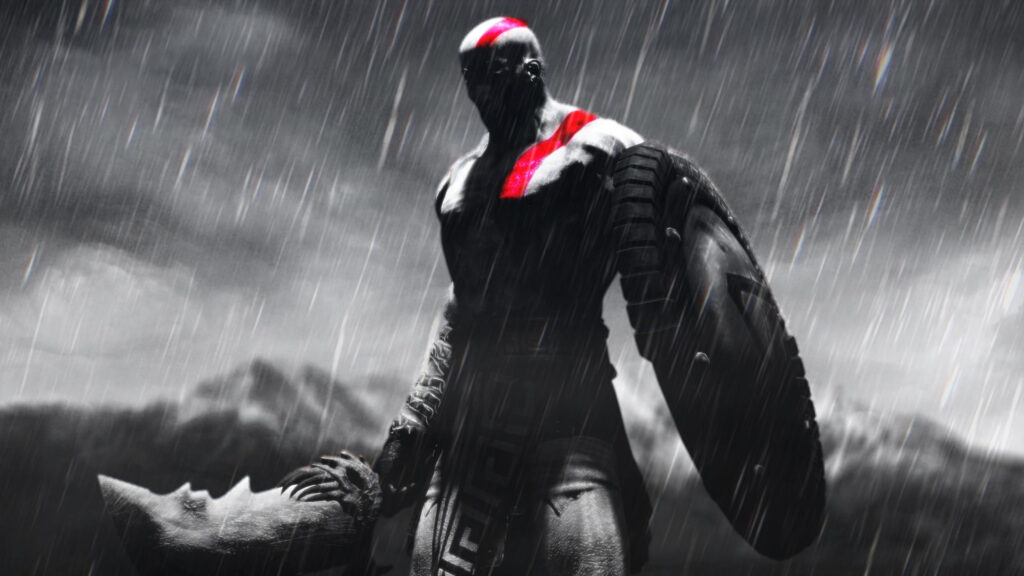 Kratos Standing in the Rain Monochromatic Desktop Wallpaper