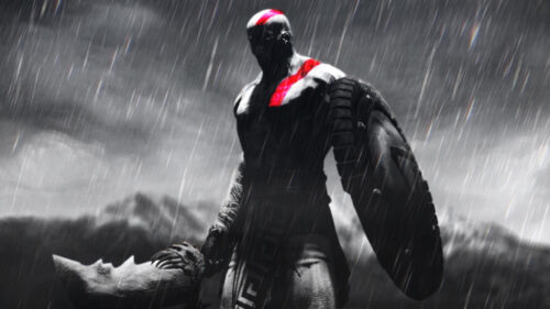 Kratos Standing in the Rain Monochromatic Desktop Wallpaper