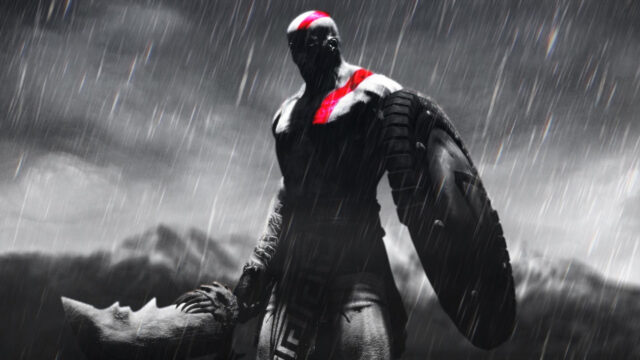 Kratos Standing in the Rain Monochromatic Desktop Wallpaper