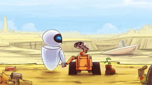 WALL-E and EVE Hand in Hand Desert Scene Desktop Wallpaper