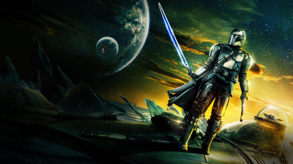 The Mandalorian with Darksaber and Grogu 4K Wallpaper