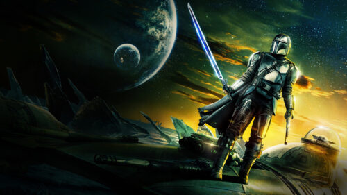 The Mandalorian with Darksaber and Grogu 4K Wallpaper
