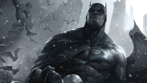 Dark Knight Batman Amidst Snowfall 4K Wallpaper