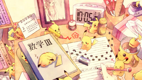 Whimsical Pikachu Studying Desk Anime Desktop Wallpaper
