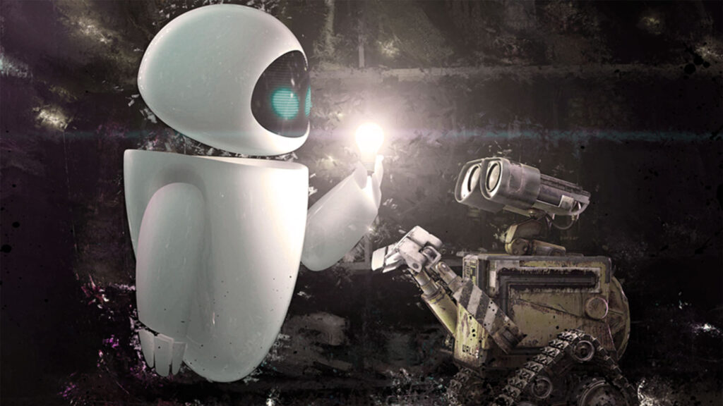 WALL-E and EVE Holding a Lightbulb Desktop Wallpaper