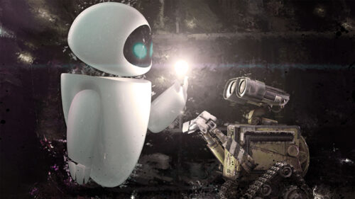 WALL-E and EVE Holding a Lightbulb Desktop Wallpaper