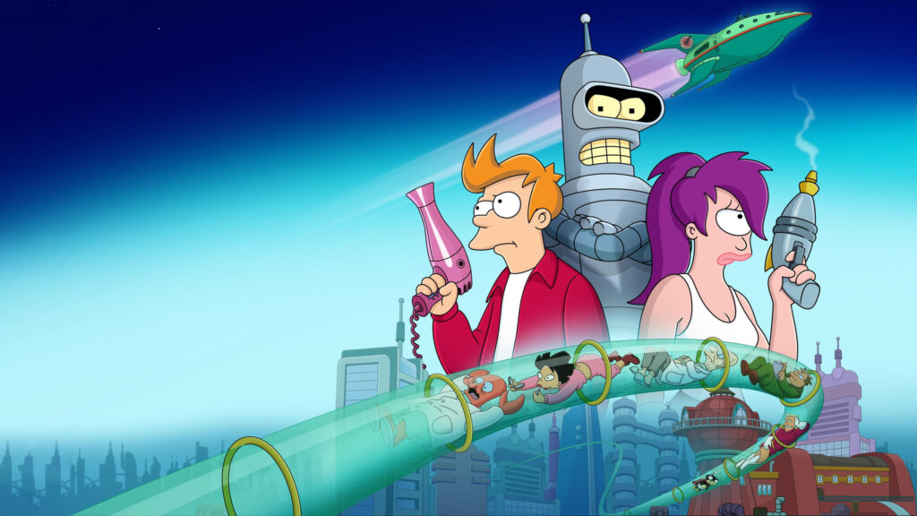 Futurama Characters in Transport Tube 4K Desktop Wallpaper