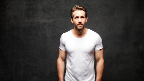 Portrait of Ryan Reynolds in a White T-Shirt Desktop Wallpaper