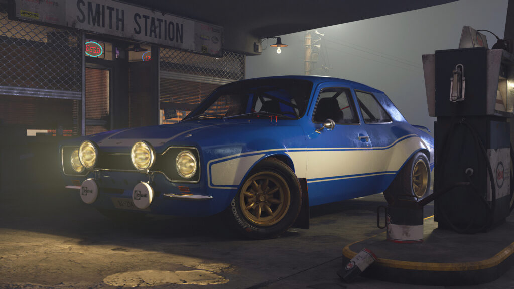Blue Ford Escort Rally Car at Gas Station 4K Desktop Wallpaper