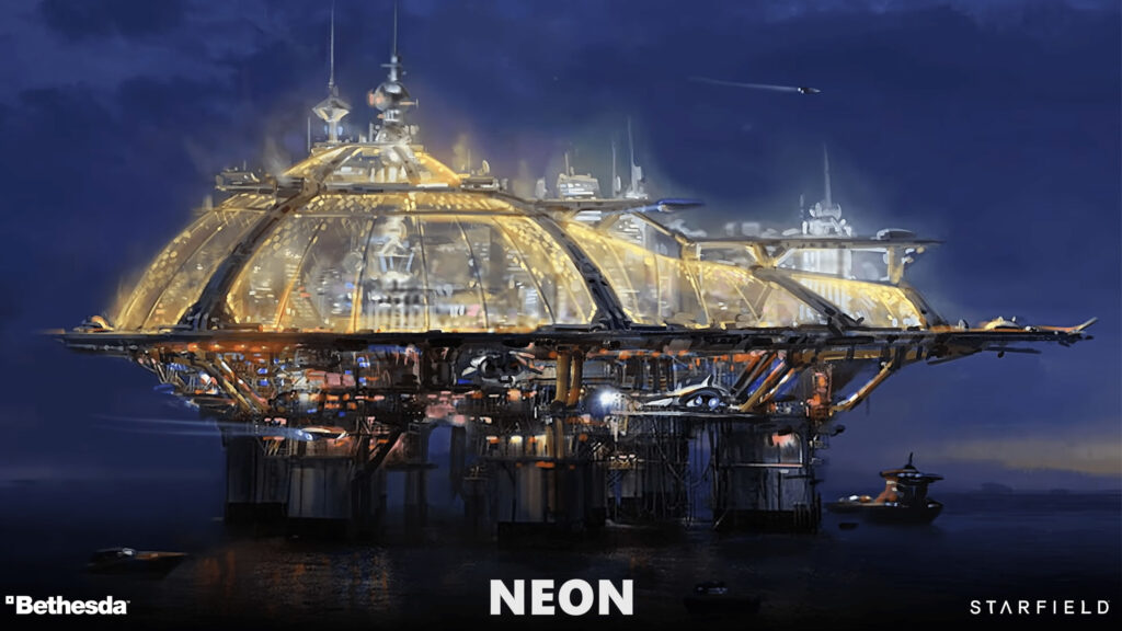 Futuristic Sci-Fi Neon City Platform Ocean Desktop Wallpaper