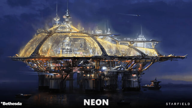 Futuristic Sci-Fi Neon City Platform Ocean Desktop Wallpaper