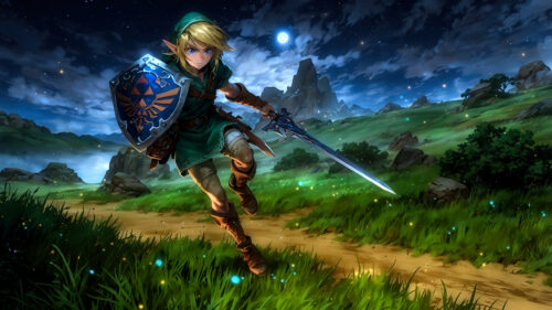 Link from The Legend of Zelda Running Through Hyrule Desktop Wallpaper